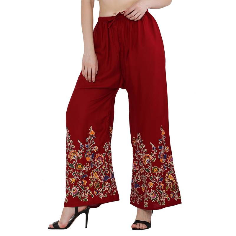 Women Maroon Solid Relaxed Flower Print Rayon Palazzo Pants with Elastic Drawstring (Free Size)