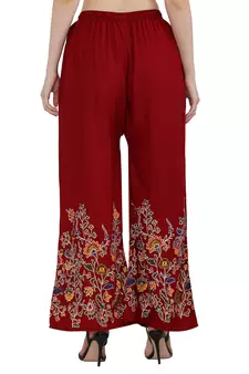Women Maroon Solid Relaxed Flower Print Rayon Palazzo Pants with Elastic Drawstring (Free Size)