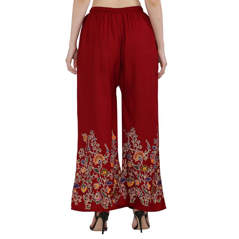 Women Maroon Solid Relaxed Flower Print Rayon Palazzo Pants with Elastic Drawstring (Free Size)