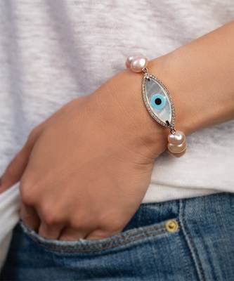 Large Marquise Evil Eye Diamond Pearl Bracelet 2