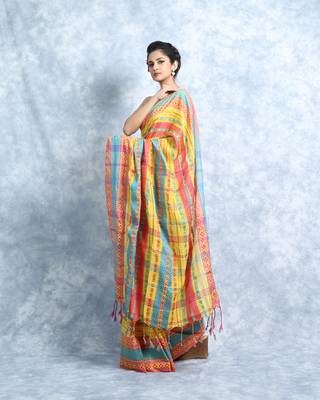 Yellow and Multicolor Pure Cotton Weaved Saree With Blouse 2