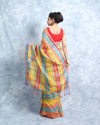 Yellow and Multicolor Pure Cotton Weaved Saree With Blouse 4