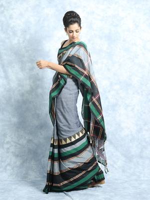 Steel Grey And Black Cotton Saree With Blouse 1