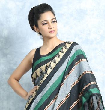 Steel Grey And Black Cotton Saree With Blouse 2