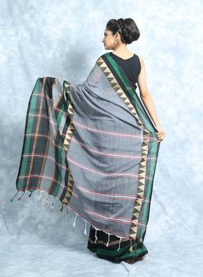 Steel Grey And Black Cotton Saree With Blouse 4