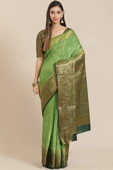 Green woven cotton silk saree with blouse