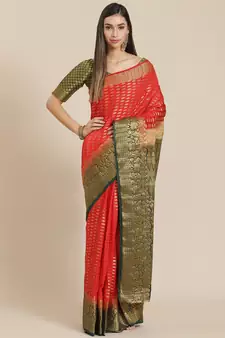 Red woven cotton silk saree with blouse
