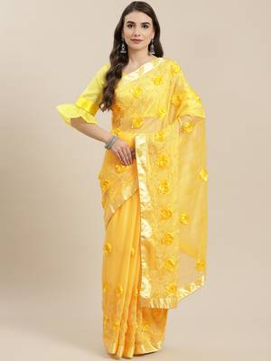Yellow embroidered silk saree with blouse 1