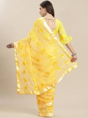 Yellow embroidered silk saree with blouse 2