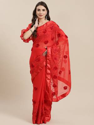 Red embroidered chiffon saree with blouse 1