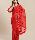 Red embroidered chiffon saree with blouse