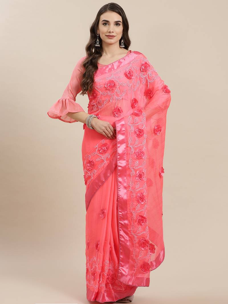 Pink Embroidered Chiffon Saree with Blouse - Chiffon-sarees by Serona Fabrics