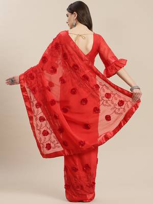 Red embroidered chiffon saree with blouse 2