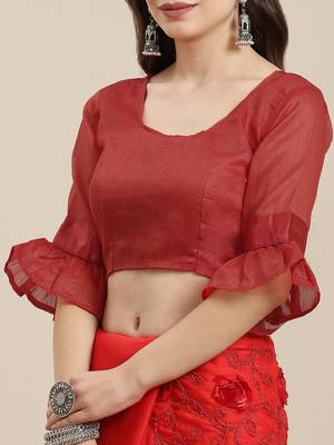 Red embroidered chiffon saree with blouse 3