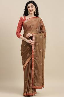 Beige embroidered chiffon saree with blouse