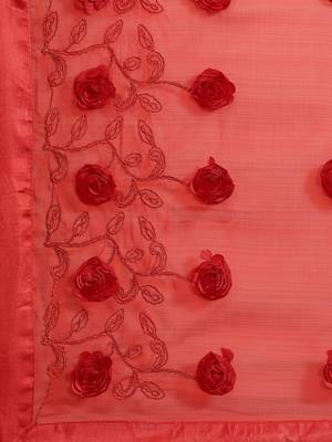 Red embroidered chiffon saree with blouse 4