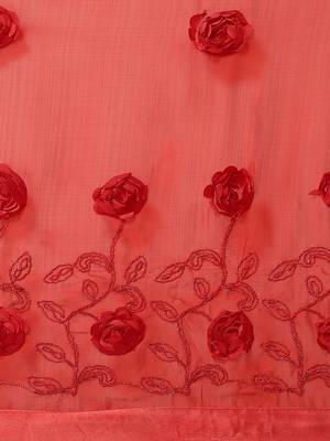 Red embroidered chiffon saree with blouse 5