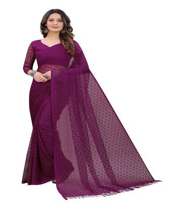 Wine brasso net saree with blouse 1