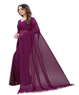 Wine brasso net saree with blouse 2
