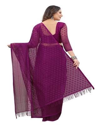 Wine brasso net saree with blouse 4
