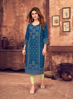 Teal printed viscose rayon ethnic-kurtis 5