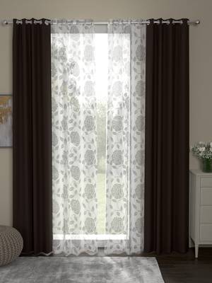 ROSARA HOME Floral Pack of 4 Black Out and Sheer Long Door Curtains -9 Feet,Dark Brown::White 1