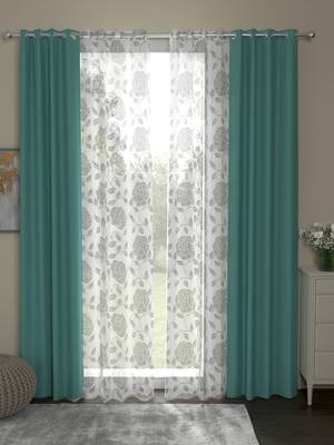 ROSARA HOME Floral Pack of 4 Black Out and Sheer Long Door Curtains -9 Feet,Mint Green::White 1