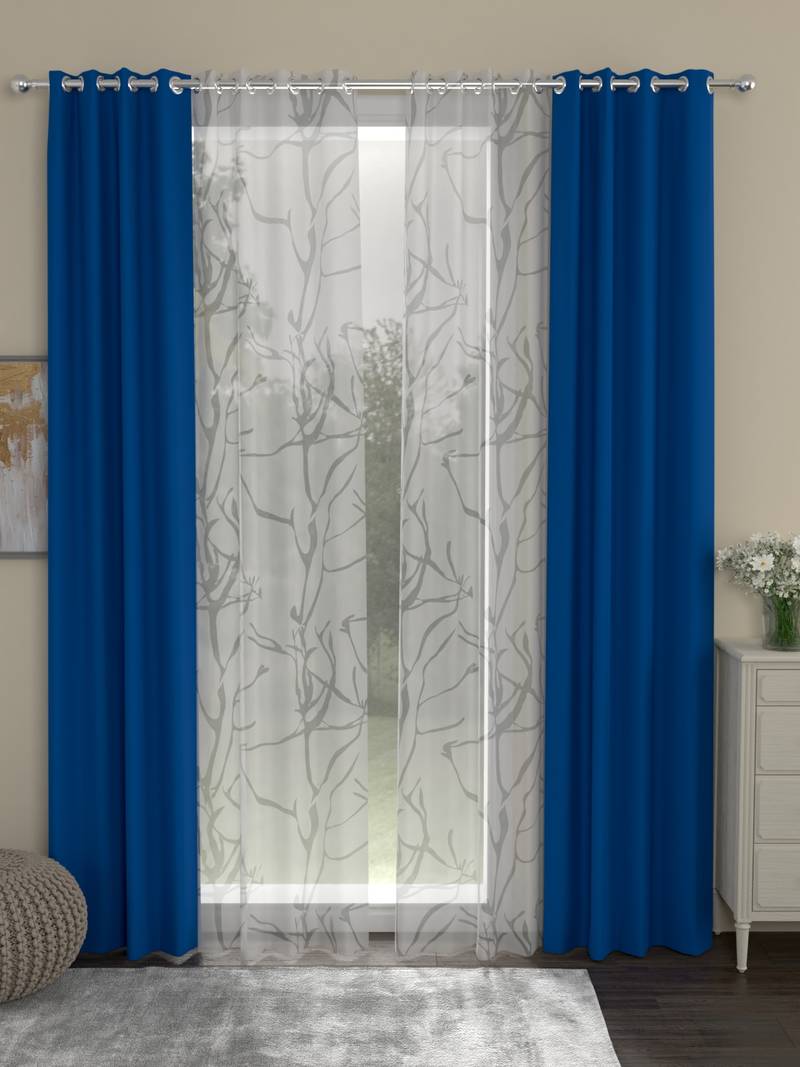 ROSARA HOME Solid Abstract Pack of 4 Black Out and Sheer Door Curtains -7 Feet,Cobalt Blue::White