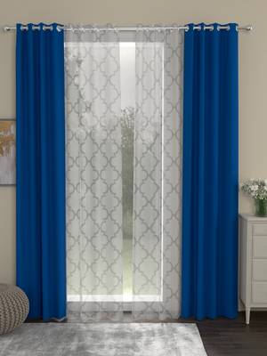 ROSARA HOME Solid Geometric Pack of 4 Black Out and Sheer Long Door Curtains -9 Feet,Cobalt Blue::White 1