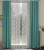 ROSARA HOME Solid Geometric Pack of 4 Black Out and Sheer Door Curtains -7 Feet,Mint Green::White