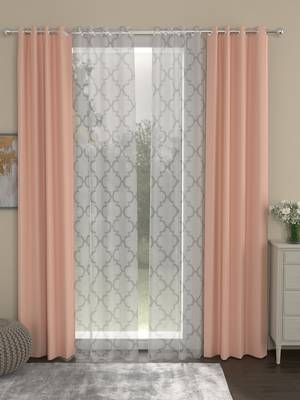 ROSARA HOME Solid Geometric Pack of 4 Black Out and Sheer Door Curtains -7 Feet,Peach::White 1