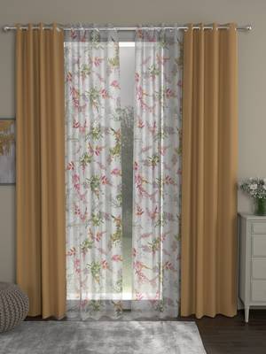 ROSARA HOME Solid Floral Pack of 4 Black Out and Sheer Door Curtains -7 Feet,Taupe::Multicolor 1