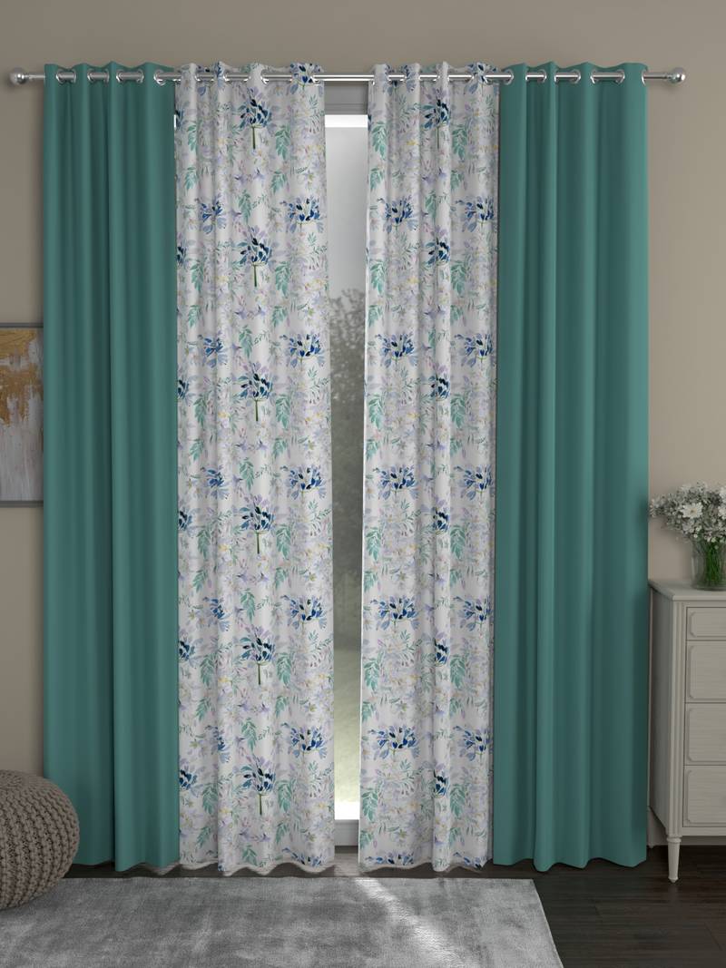 ROSARA HOME Solid Floral Pack of 4 Black Out and Regular Long Door Curtains -9 Feet,Mint Green::Blue