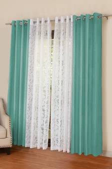 ROSARA HOME Solid Pack of 4 Regular and Sheer Long Door Curtains -9 Feet,Light Blue::White