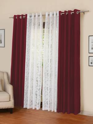 ROSARA HOME Solid Pack of 4 Regular and Sheer Long Door Curtains -9 Feet,Maroon::White 1