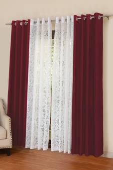 ROSARA HOME Solid Pack of 4 Regular and Sheer Long Door Curtains -9 Feet,Maroon::White