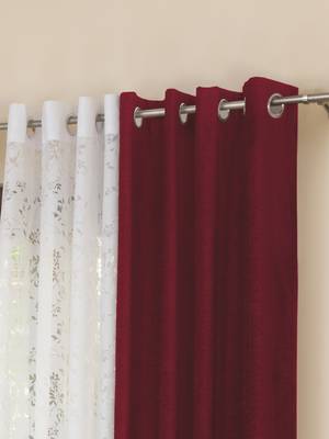ROSARA HOME Solid Pack of 4 Regular and Sheer Long Door Curtains -9 Feet,Maroon::White 2