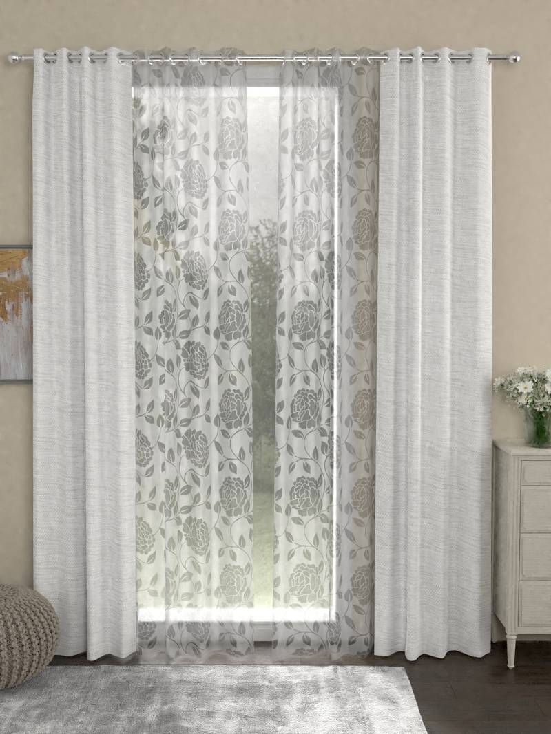 ROSARA HOME Solid Pack of 4 Regular and Sheer Long Door Curtains -9 Feet,Cream::White