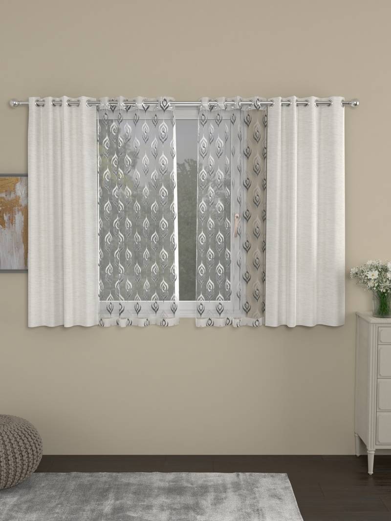 ROSARA HOME Solid Embroidered Pack of 4 Room Darkening and Sheer Window Curtains -5 Feet,Cream::Grey