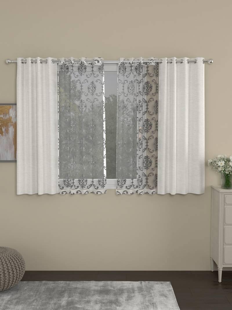 ROSARA HOME Solid Embroidered Pack of 4 Room Darkening and Sheer Window Curtains -5 Feet,Cream::Silver