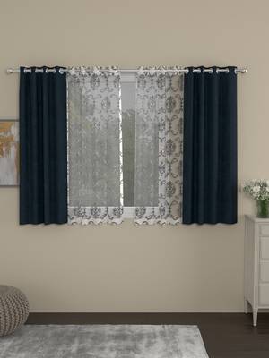 ROSARA HOME Solid Embroidered Pack of 4 Room Darkening and Sheer Window Curtains -5 Feet,Dark Blue::Silver 1