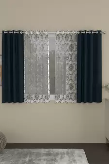 ROSARA HOME Solid Embroidered Pack of 4 Room Darkening and Sheer Window Curtains -5 Feet,Dark Blue::Silver
