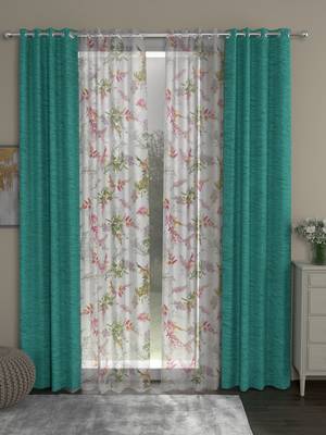 ROSARA HOME Solid Floral Pack of 4 Room Darkening and Sheer Door Curtains -7 Feet,Light Blue::Multicolor 1