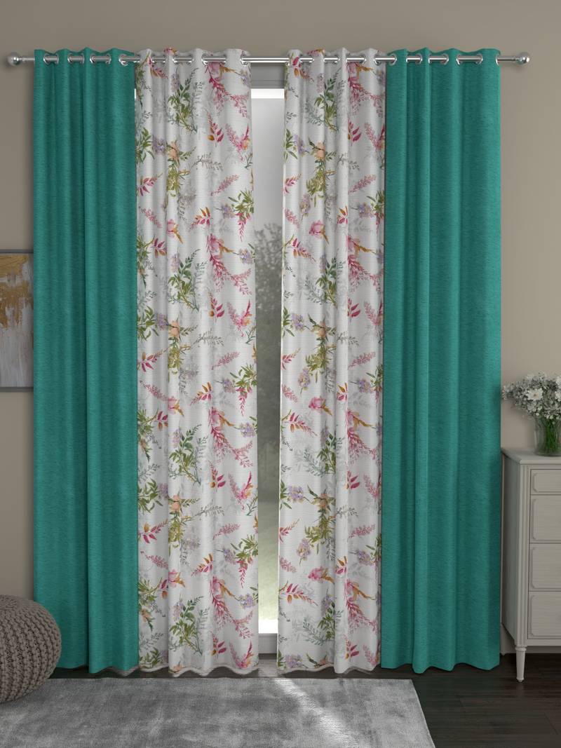 ROSARA HOME Solid Floral Pack of 4 Room Darkening and Regular Long Door Curtains -9 Feet,Light Blue::Multicolor