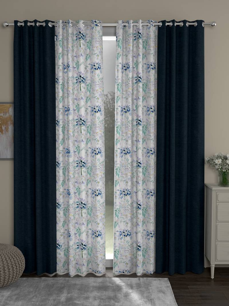 ROSARA HOME Solid Floral Pack of 4 Room Darkening and Regular Door Curtains -7 Feet,Dark Blue::Blue