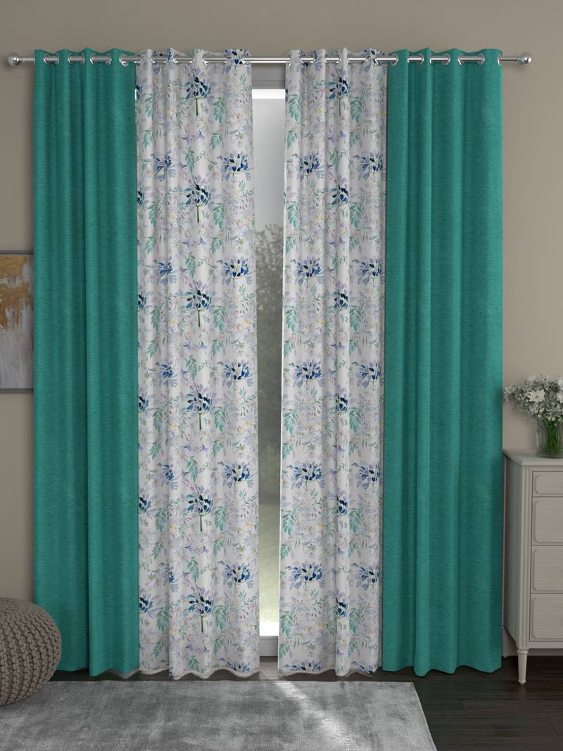 ROSARA HOME Solid Floral Pack of 4 Room Darkening and Regular Door Curtains -7 Feet,Light Blue::Blue