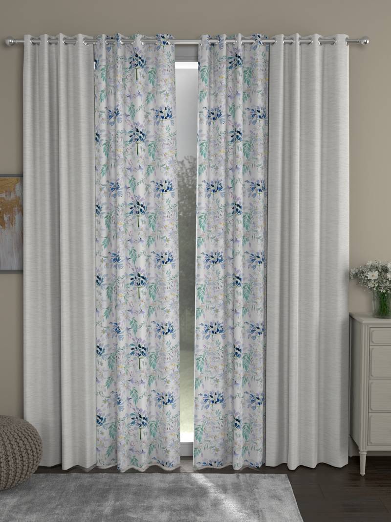 ROSARA HOME Solid Floral Pack of 4 Room Darkening and Regular Long Door Curtains -9 Feet,Cream::Blue