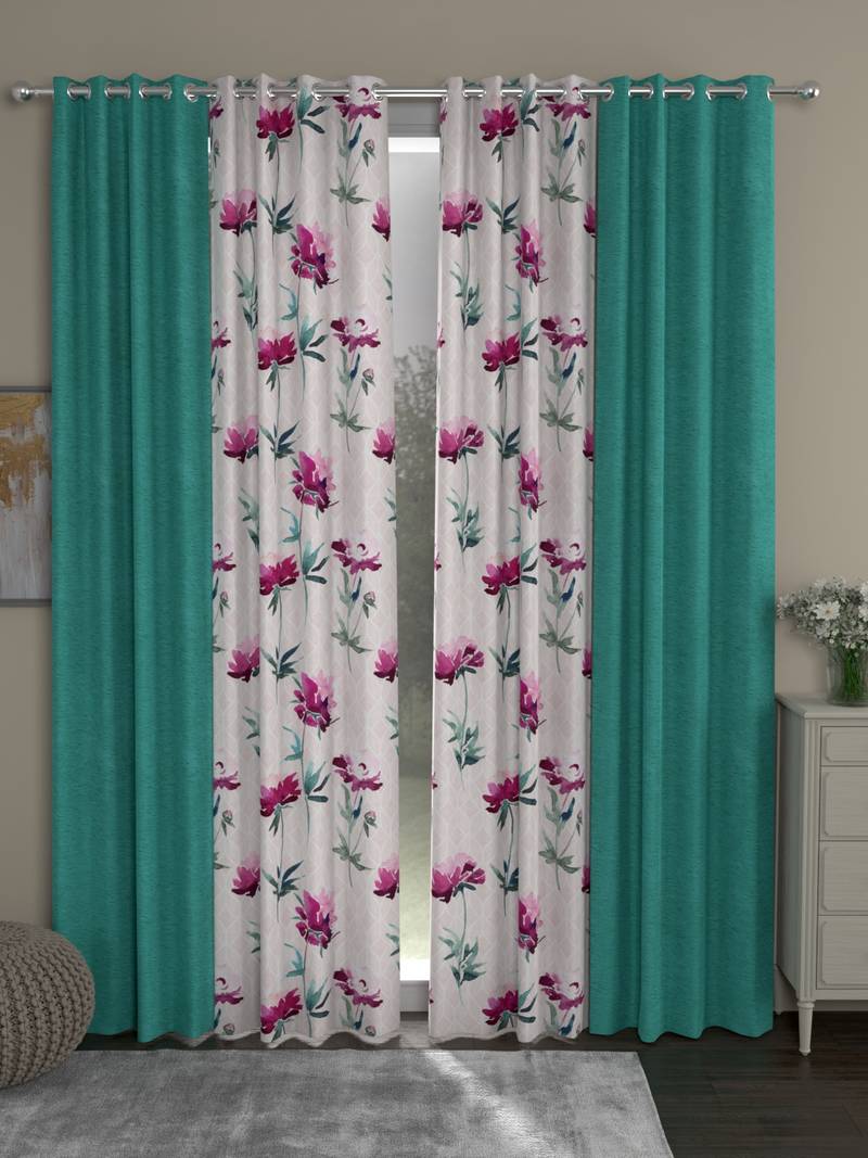 ROSARA HOME Solid Floral Pack of 4 Room Darkening and Regular Door Curtains -7 Feet,Light Blue::Pink