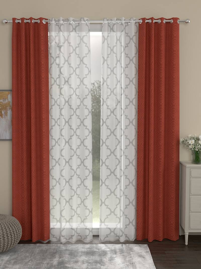 ROSARA HOME Jacquard Geometric Pack of 4 Regular and Sheer Long Door Curtains -9 Feet,Rust::White