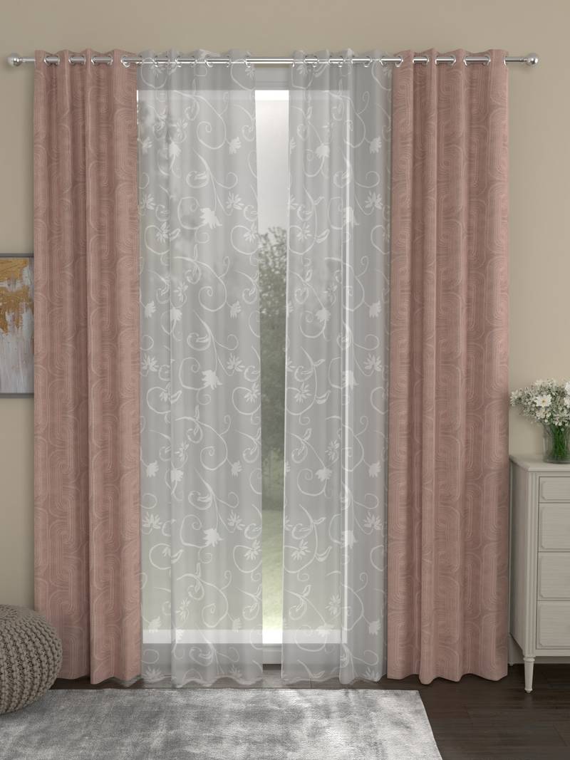 ROSARA HOME Jacquard Floral Pack of 4 Regular and Sheer Door Curtains -7 Feet,Blush::White